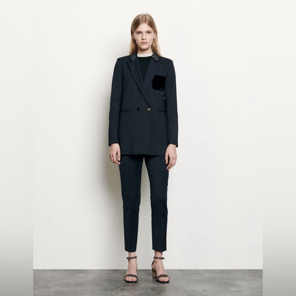 SANDRO PARIS Tailored Jacket With Velvet Pocket Size FR 36 - Picture 2 of 6